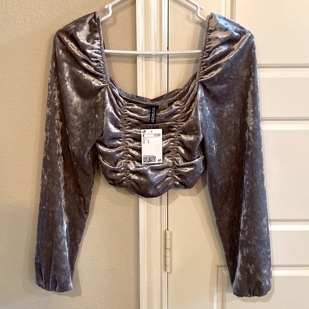 H&M Divided Gray Velvet Rushed Top nwt